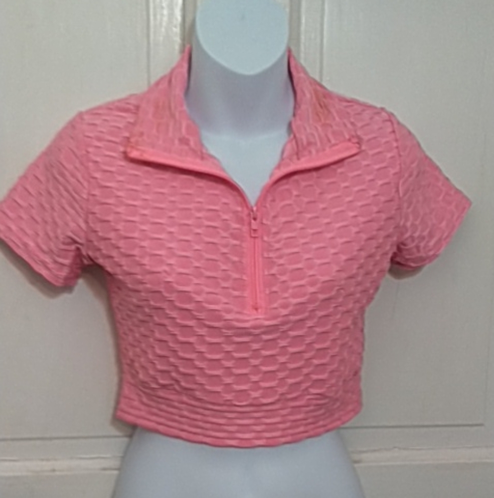 Ladies Pink Textured Short Sleeve Crop Top Sz Sm